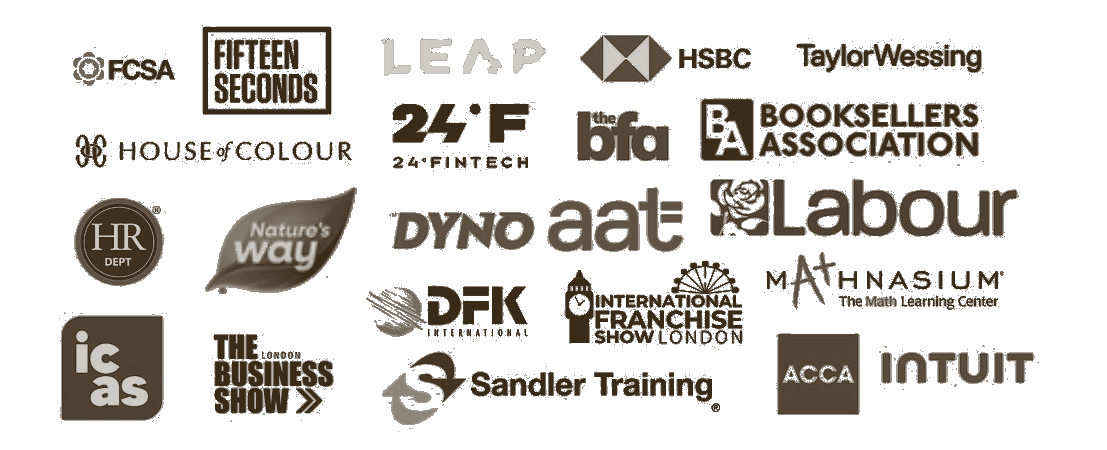 Logos of speaking clients including FCSA, Fifteen Seconds, LEAP, HSBC, Taylor Wessing, House of Colour, 24 Fintech, the bfa, Booksellers Association, HR Dept, Nature's Way, Dyno, AAT, Labour, Mathnasium, ICAS, The London Business Show, DFK International, International Franchise Show London, Sandler Training, ACCA and Intuit